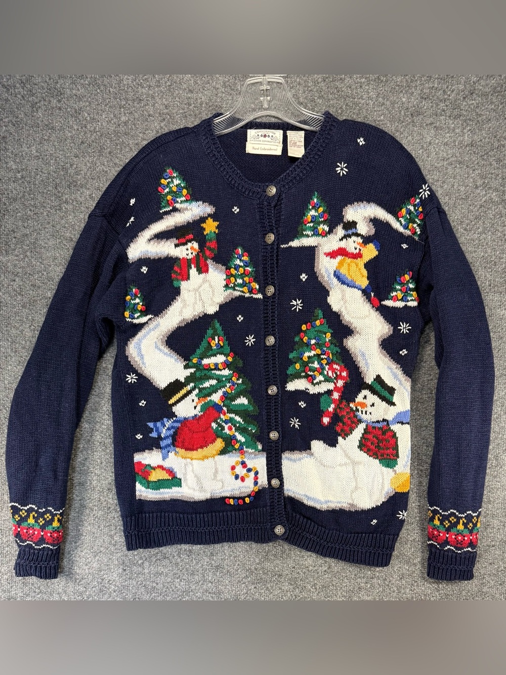 Vintage Hand Embroidered Christmas Sweater Cardigan snowmen "ugly sweater party"